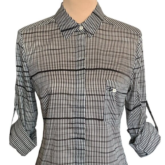 NWT HALSTON HERITAGE Shirt Blouse Sz.8 Brown Geometric Button Up Roll Tab Sleeve - Picture 4 of 14
